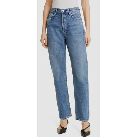 Goldsign Button fly Blue Relaxed High Rise Straight-Leg Jeans, Size 25, MSRP$350 - Picture 1 of 14